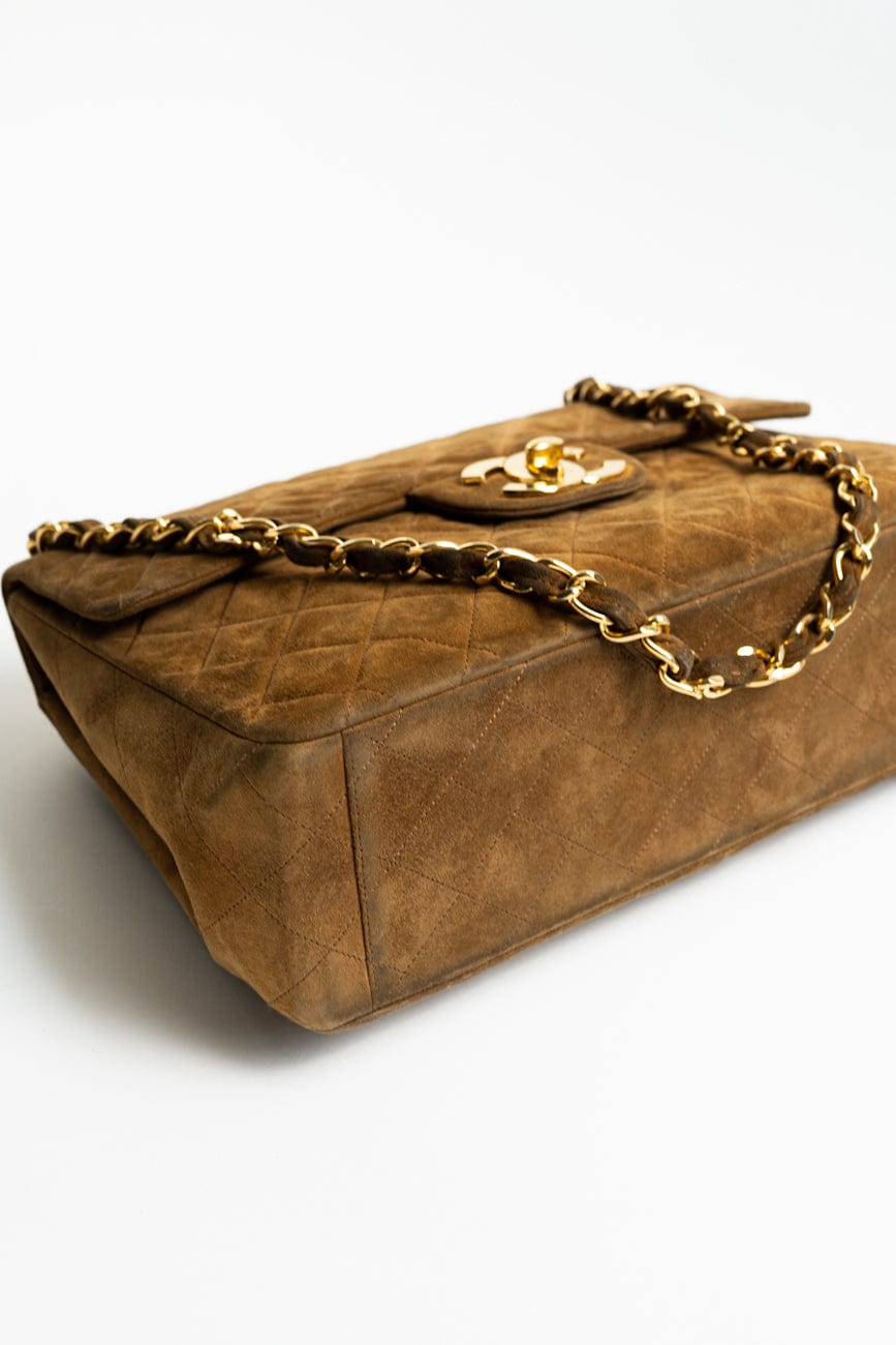Vintage Tan/Brown Suede Quilted Jumbo XL Single Flap 24k GHW