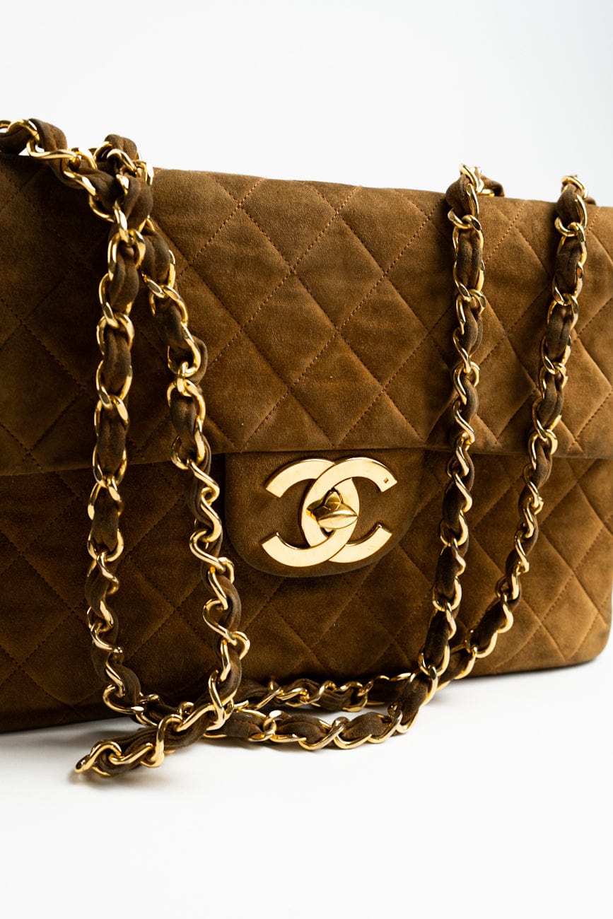 Vintage Tan/Brown Suede Quilted Jumbo XL Single Flap 24k GHW
