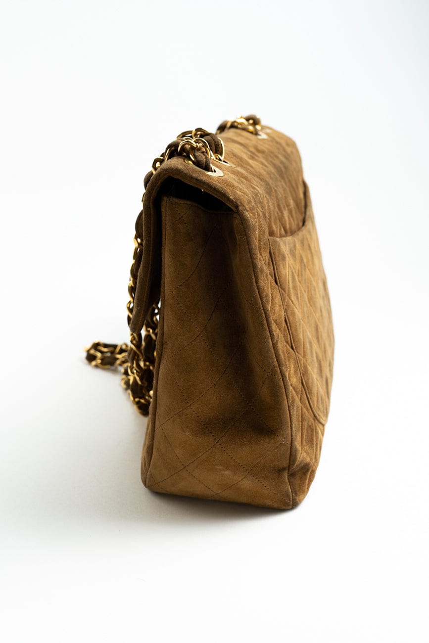 Vintage Tan/Brown Suede Quilted Jumbo XL Single Flap 24k GHW