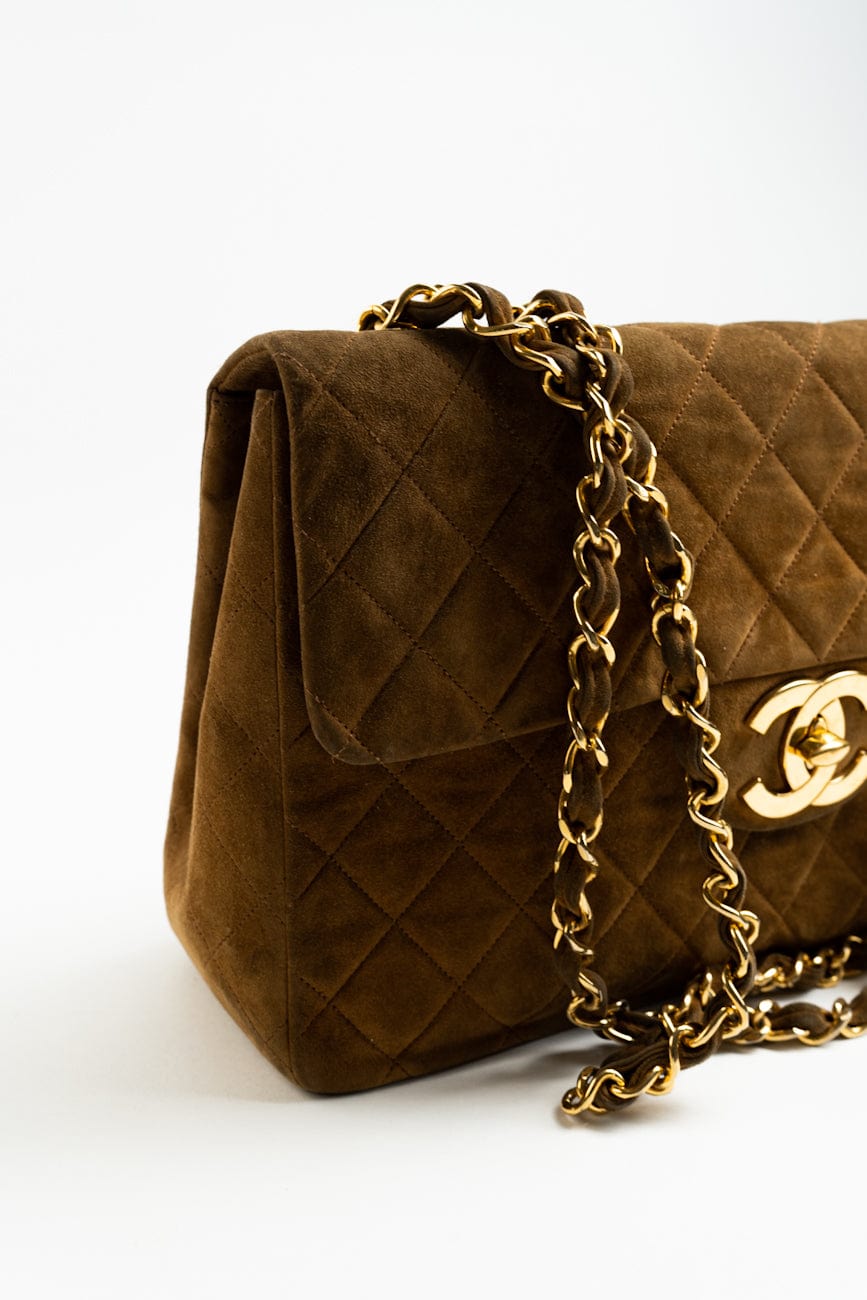 Vintage Tan/Brown Suede Quilted Jumbo XL Single Flap 24k GHW