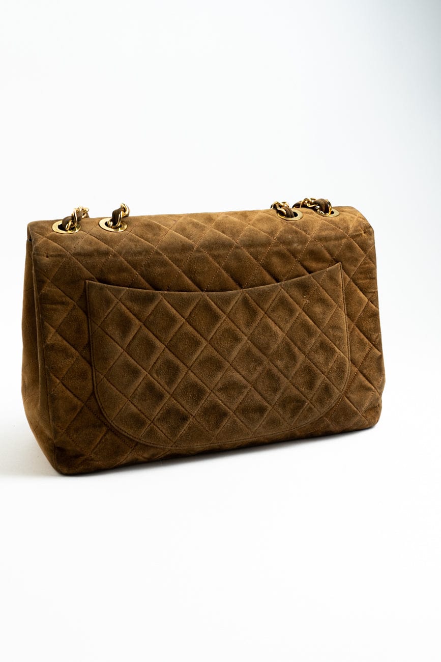 Vintage Tan/Brown Suede Quilted Jumbo XL Single Flap 24k GHW