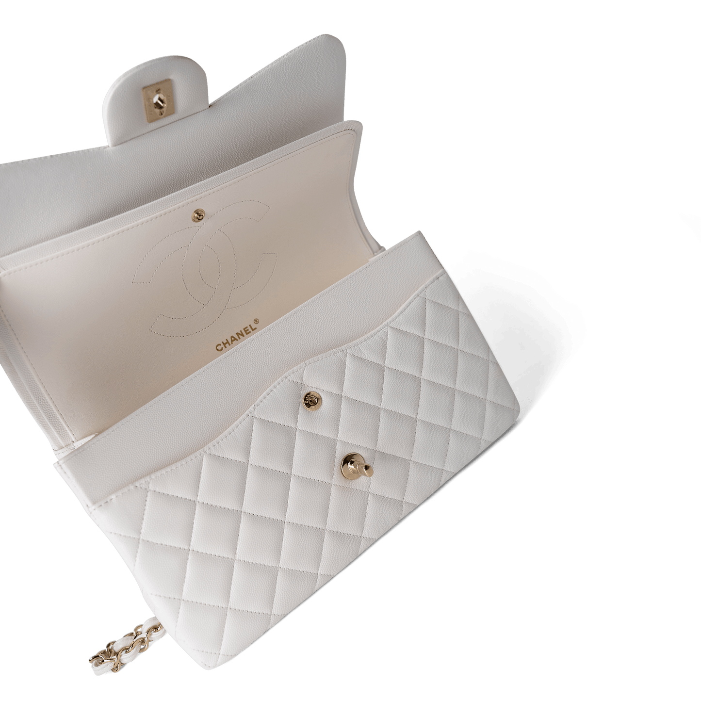 White Caviar Quilted Jumbo Classic Flap Light Gold Hardware