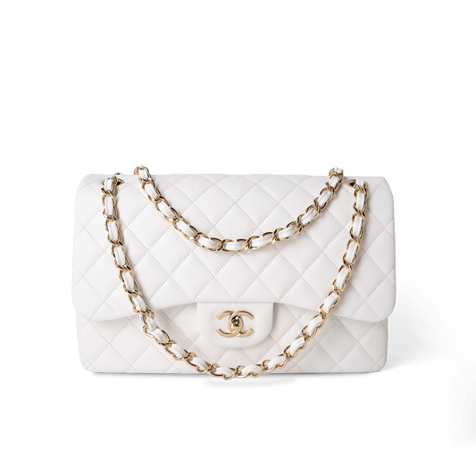 White Caviar Quilted Jumbo Classic Flap Light Gold Hardware