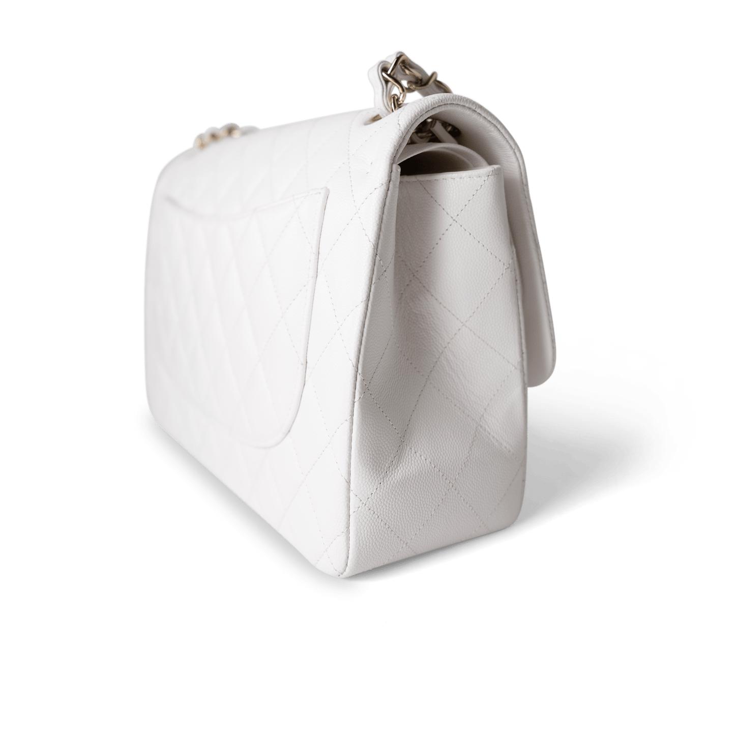 White Caviar Quilted Jumbo Classic Flap Light Gold Hardware