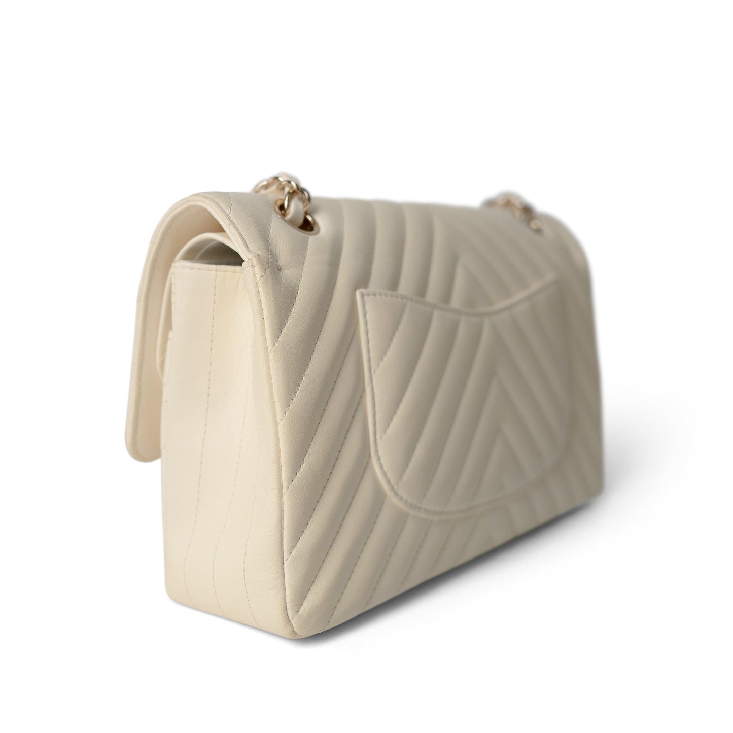 18C Ivory Chevron Lambskin Medium Classic Flap Light Gold Hardware