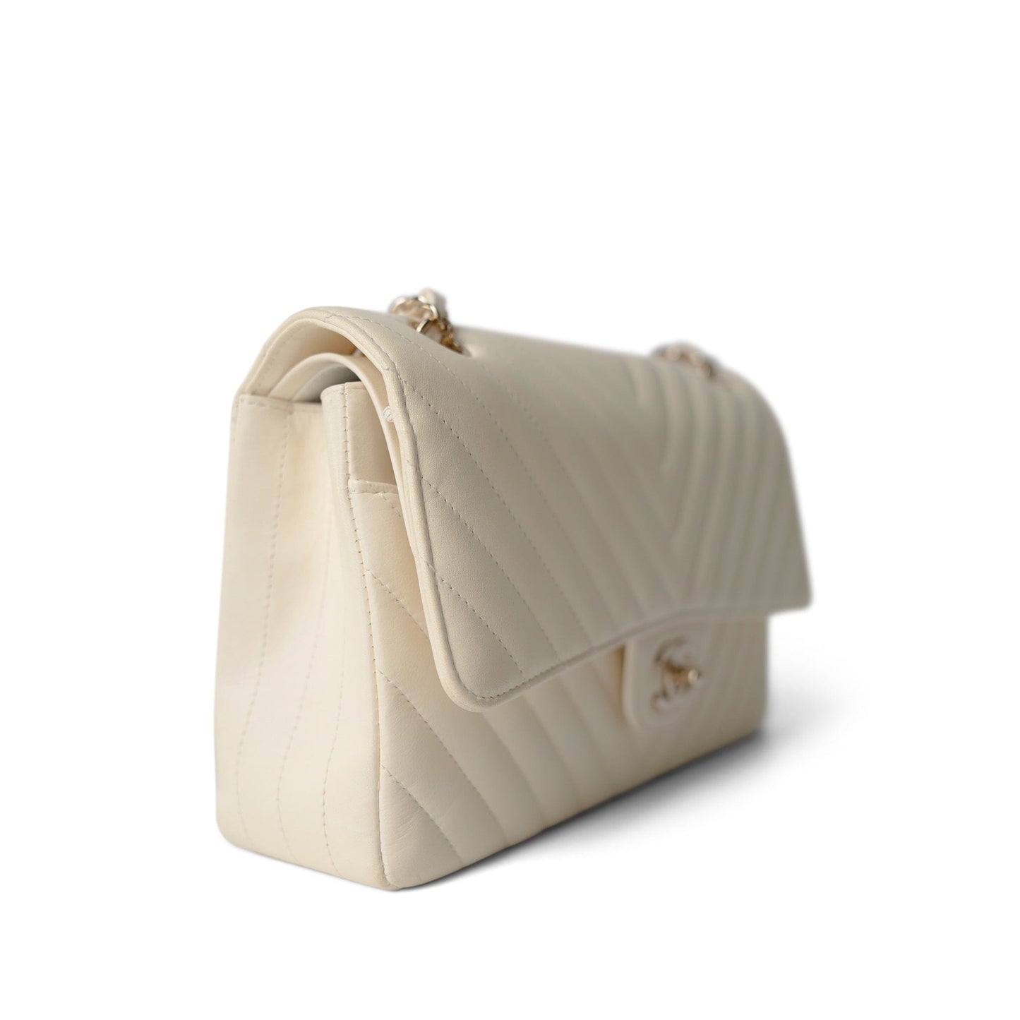 18C Ivory Chevron Lambskin Medium Classic Flap Light Gold Hardware
