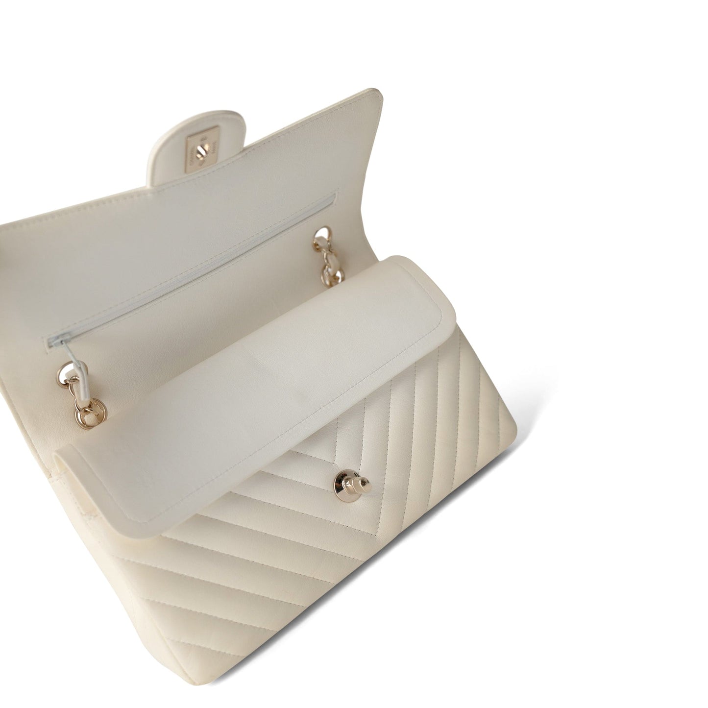 18C Ivory Chevron Lambskin Medium Classic Flap Light Gold Hardware