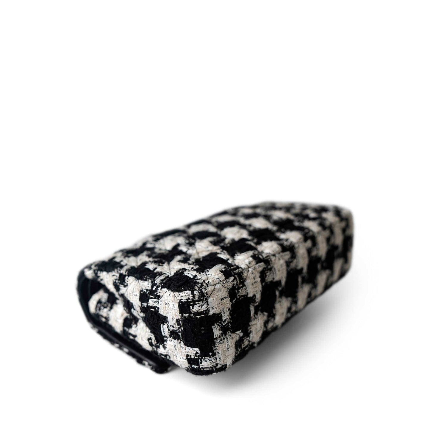 20s Black White Houndstooth Tweed Quilted Classic Flap Medium Light Gold Hardware