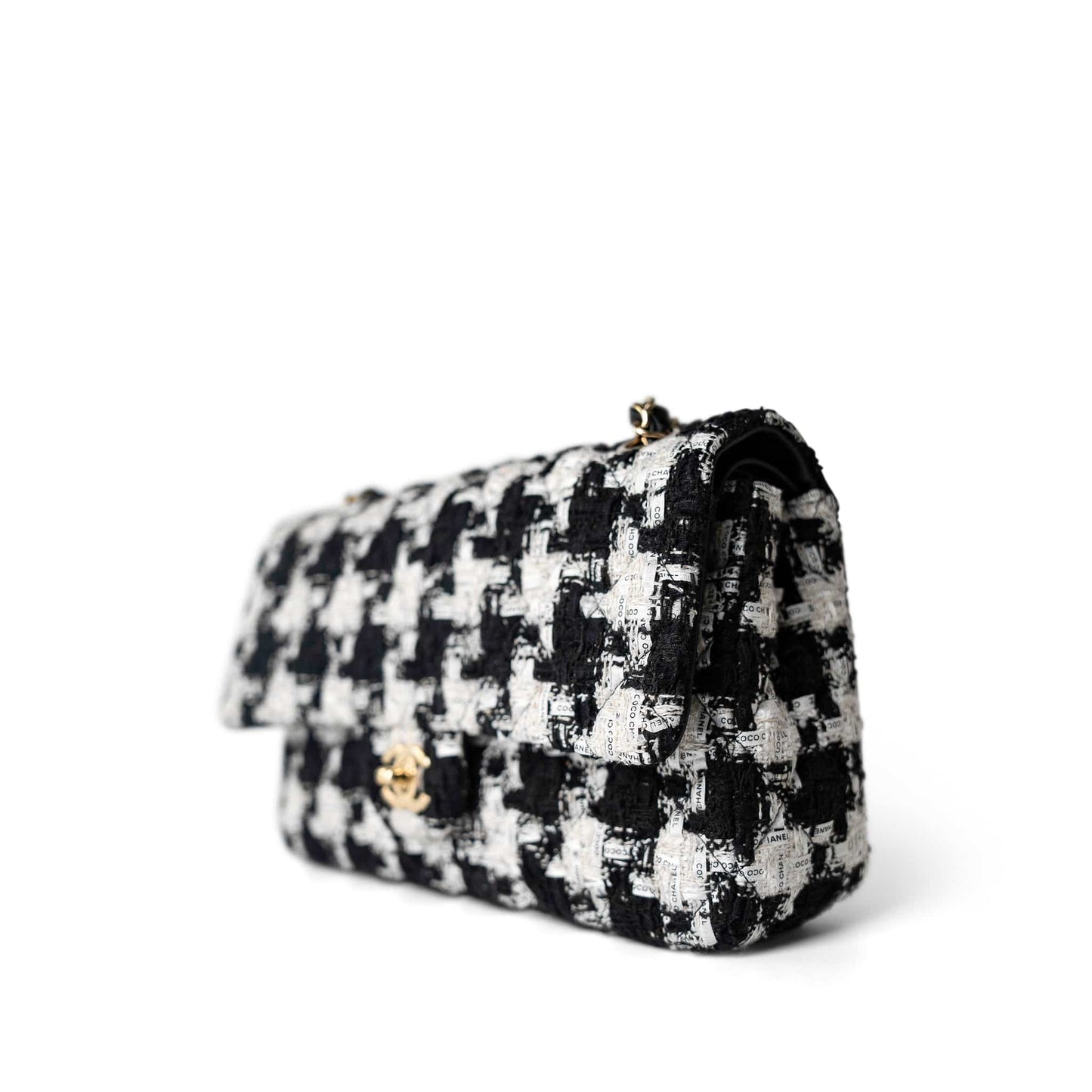 20s Black White Houndstooth Tweed Quilted Classic Flap Medium Light Gold Hardware