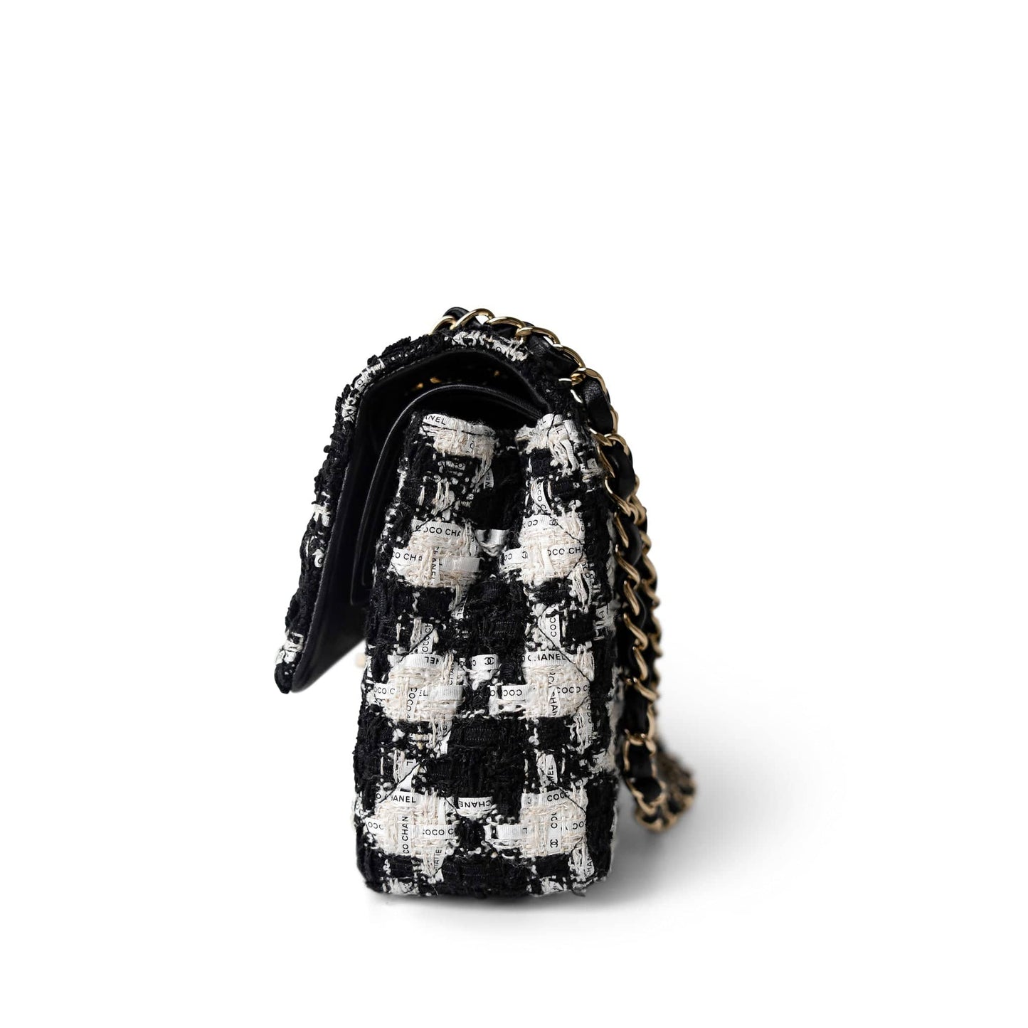 20s Black White Houndstooth Tweed Quilted Classic Flap Medium Light Gold Hardware