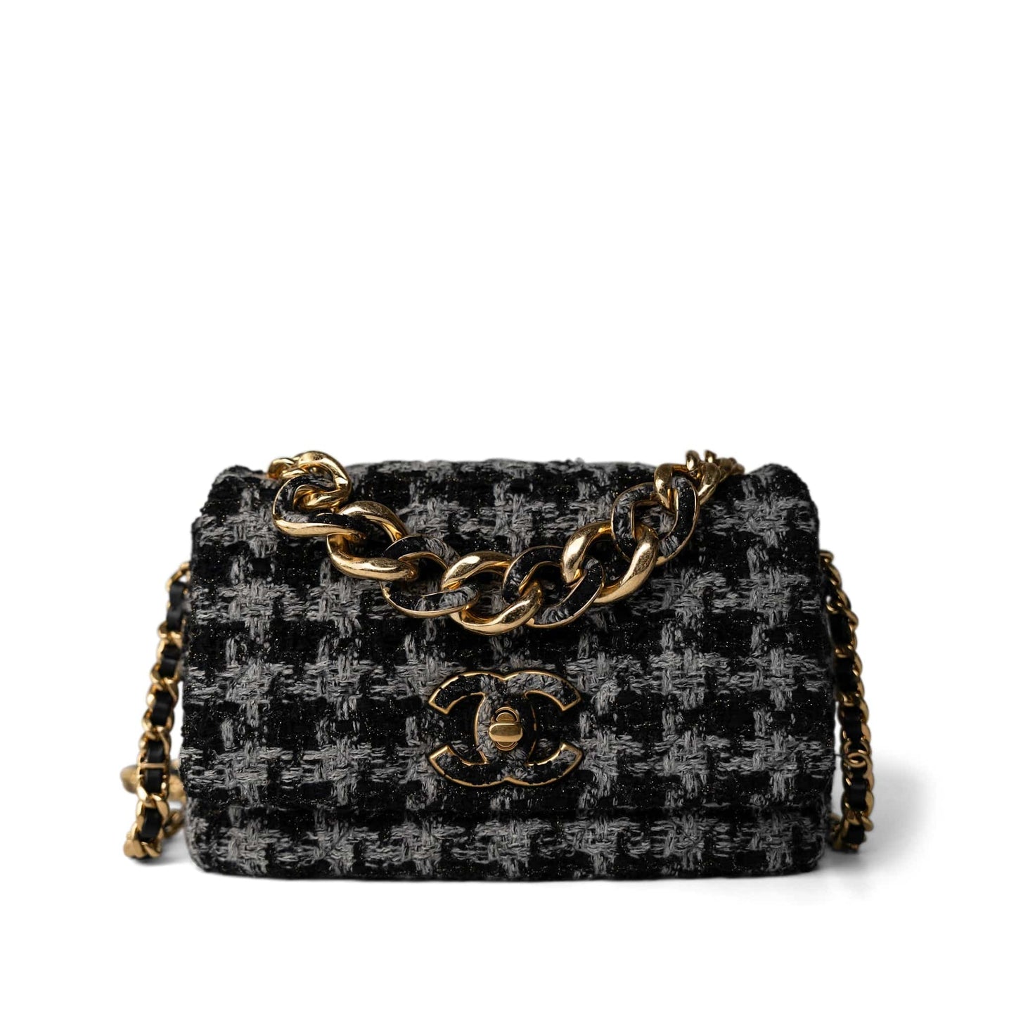 Wool Tweed Quilted Elegant Chain Flap Black Grey