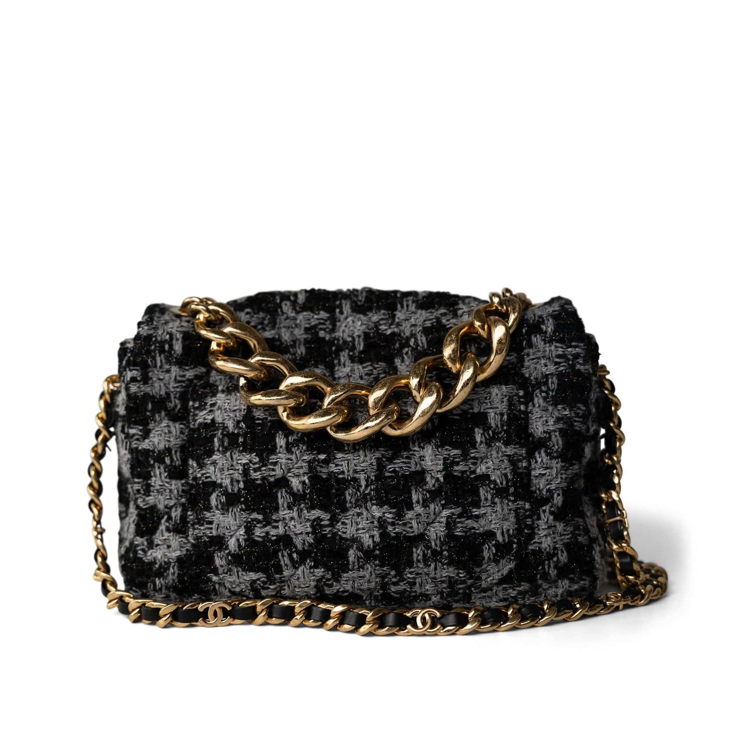 Wool Tweed Quilted Elegant Chain Flap Black Grey