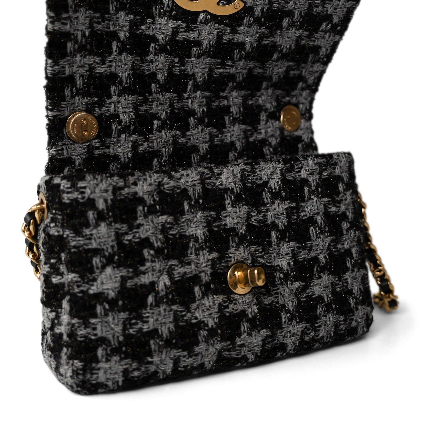 Wool Tweed Quilted Elegant Chain Flap Black Grey