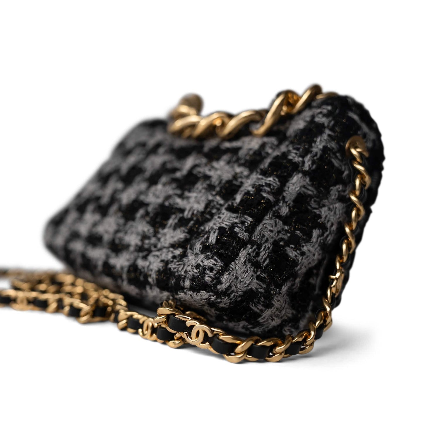 Wool Tweed Quilted Elegant Chain Flap Black Grey
