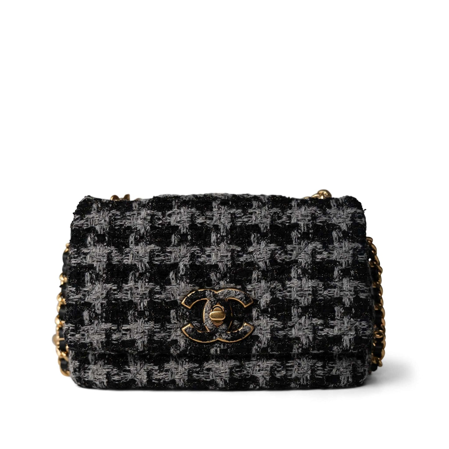 Wool Tweed Quilted Elegant Chain Flap Black Grey