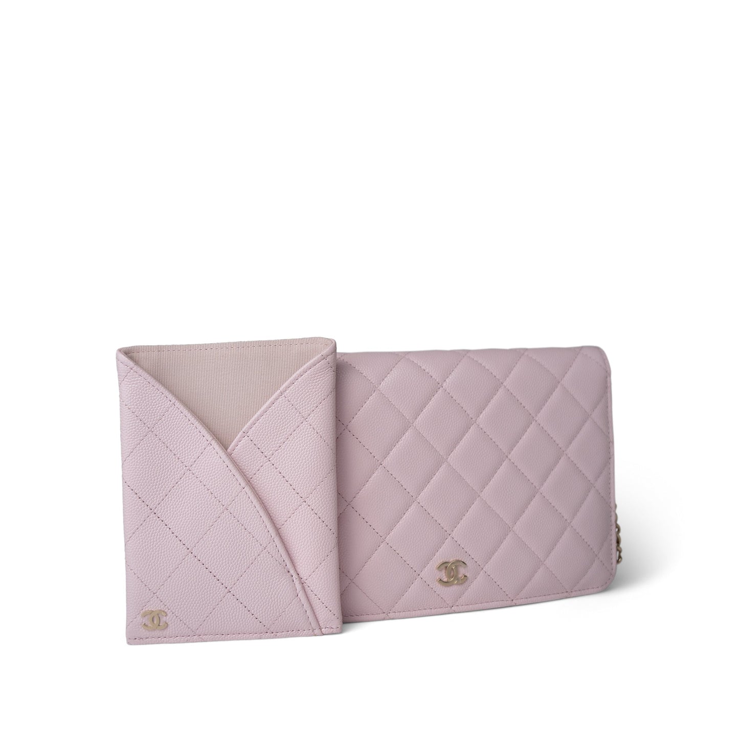 Travel Wallet on Chain Light Pink Caviar Quilted Light Gold Hardware