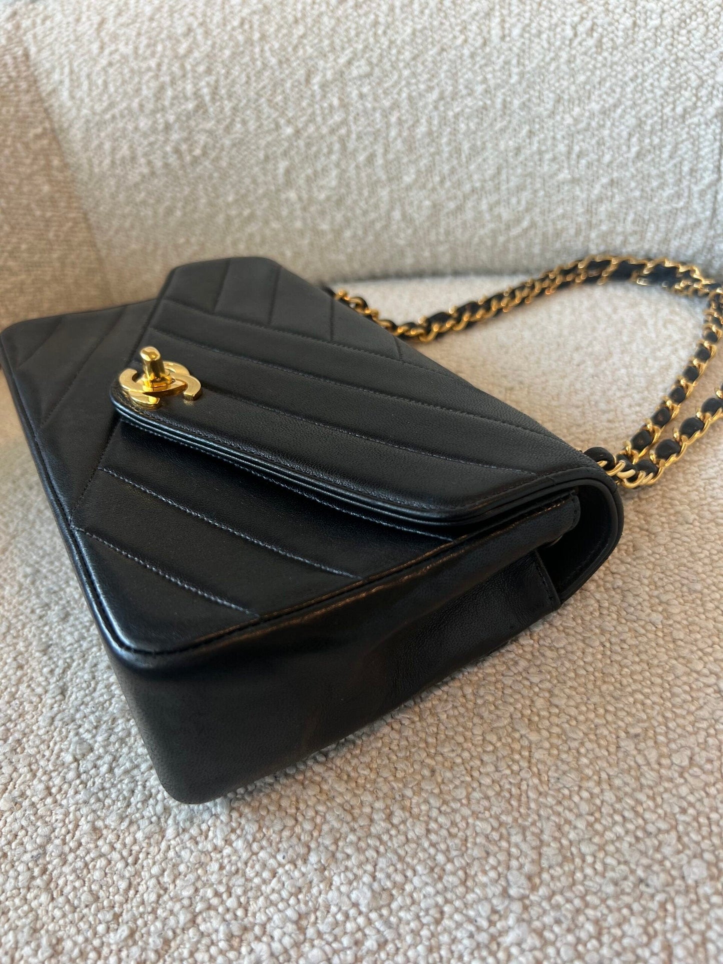 Vintage Black Lambskin Chevron Envelope Flap Bag Small GHW