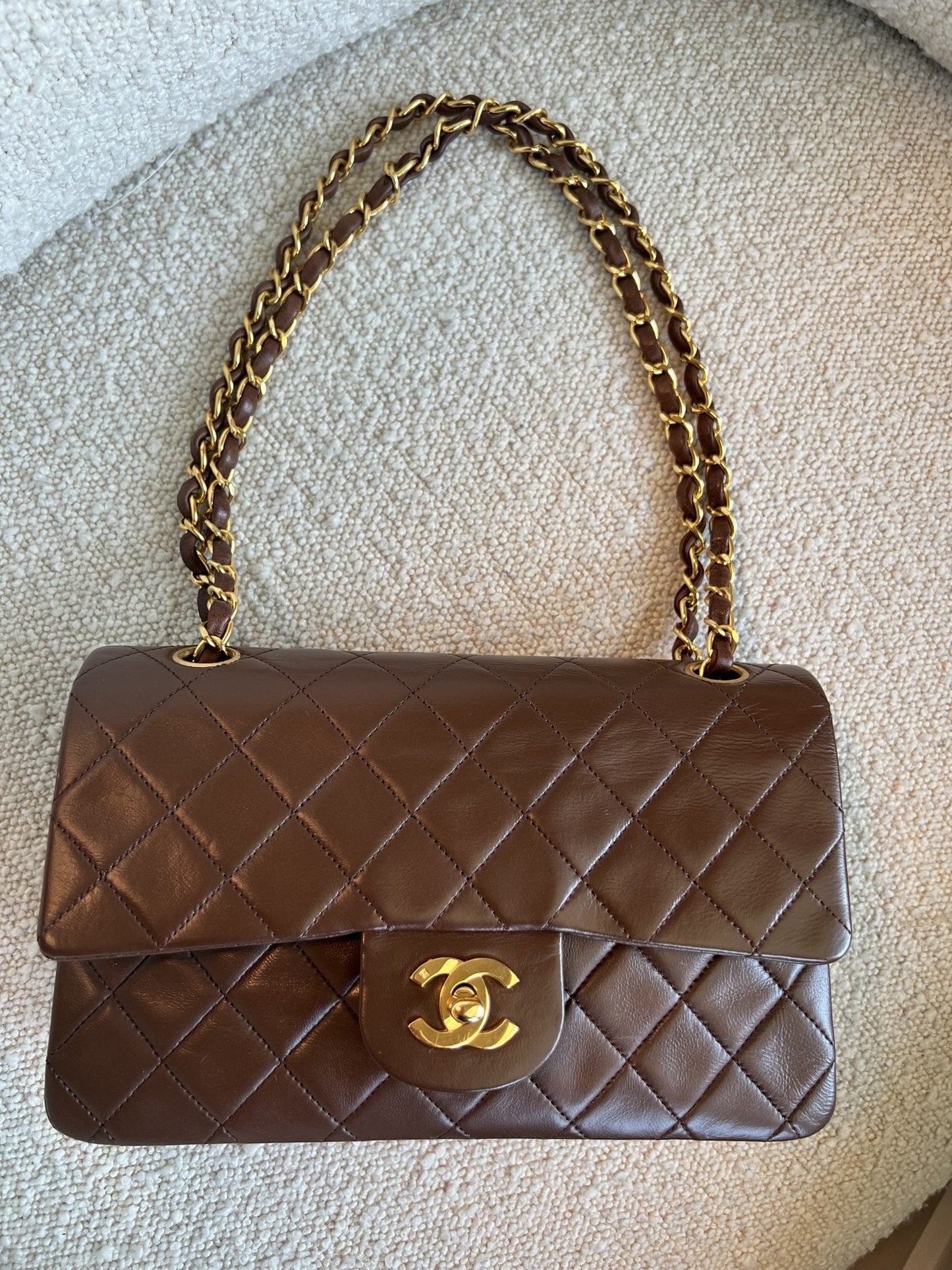 Vintage Brown Lambskin Quilted Classic Flap Small GHW