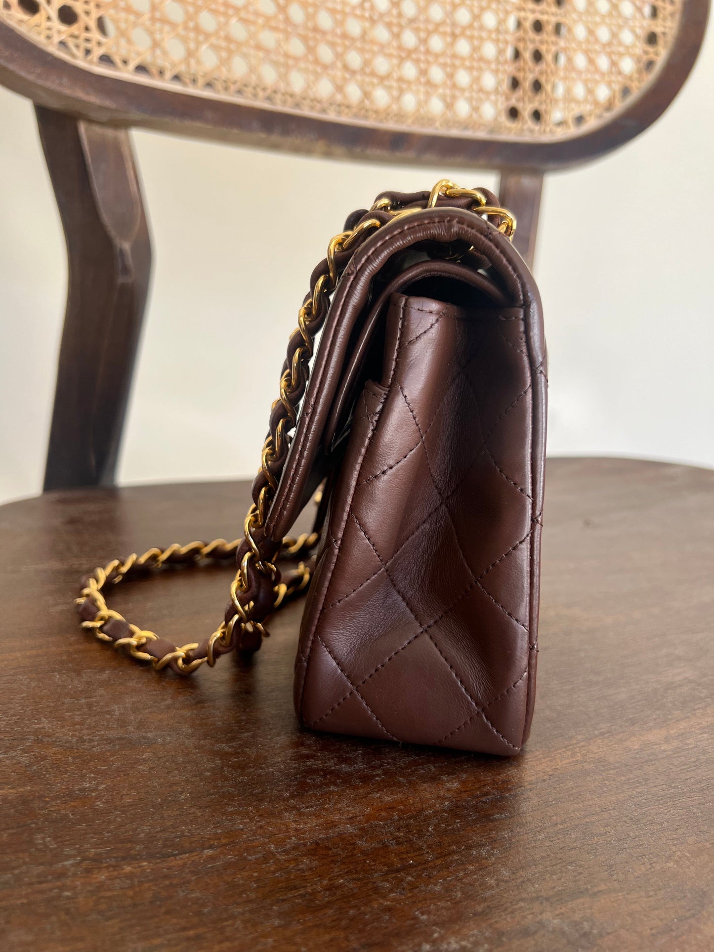 Vintage Brown Lambskin Quilted Classic Flap Small Gold Hardware