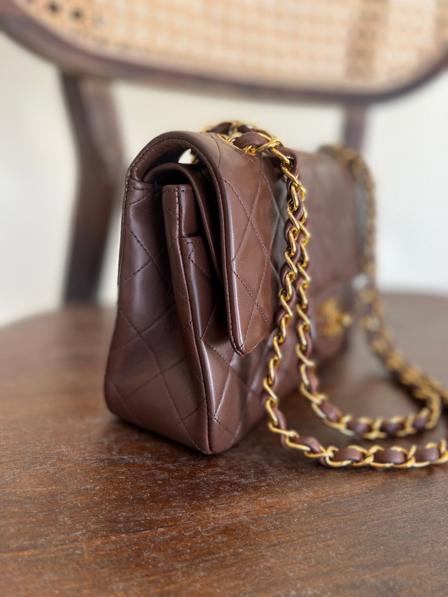 Vintage Brown Lambskin Quilted Classic Flap Small Gold Hardware