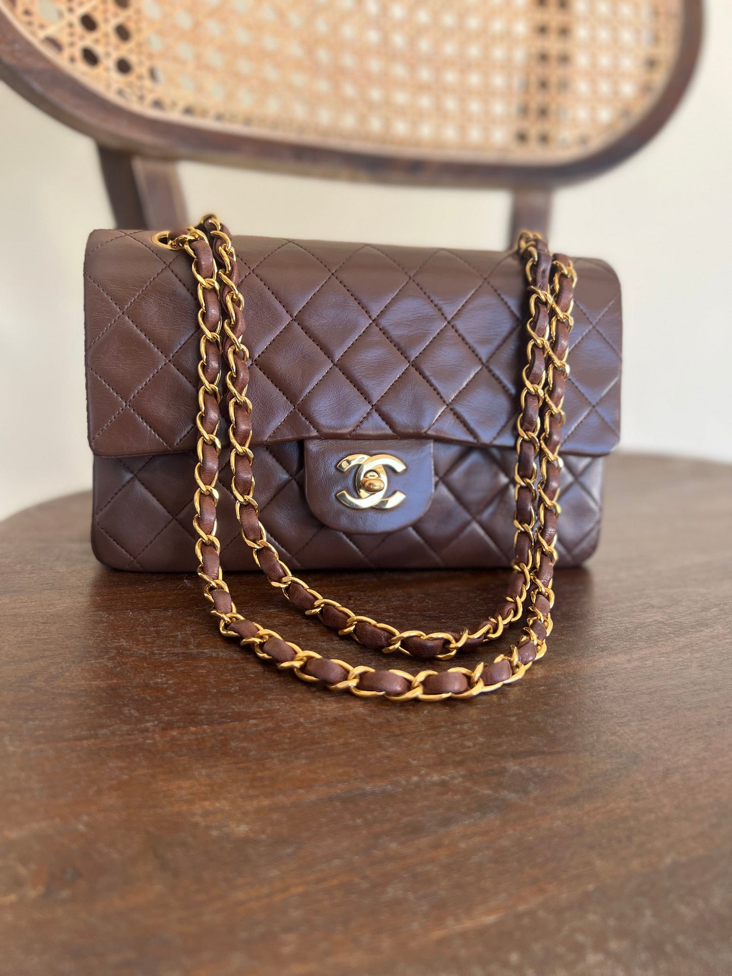 Vintage Brown Lambskin Quilted Classic Flap Small Gold Hardware