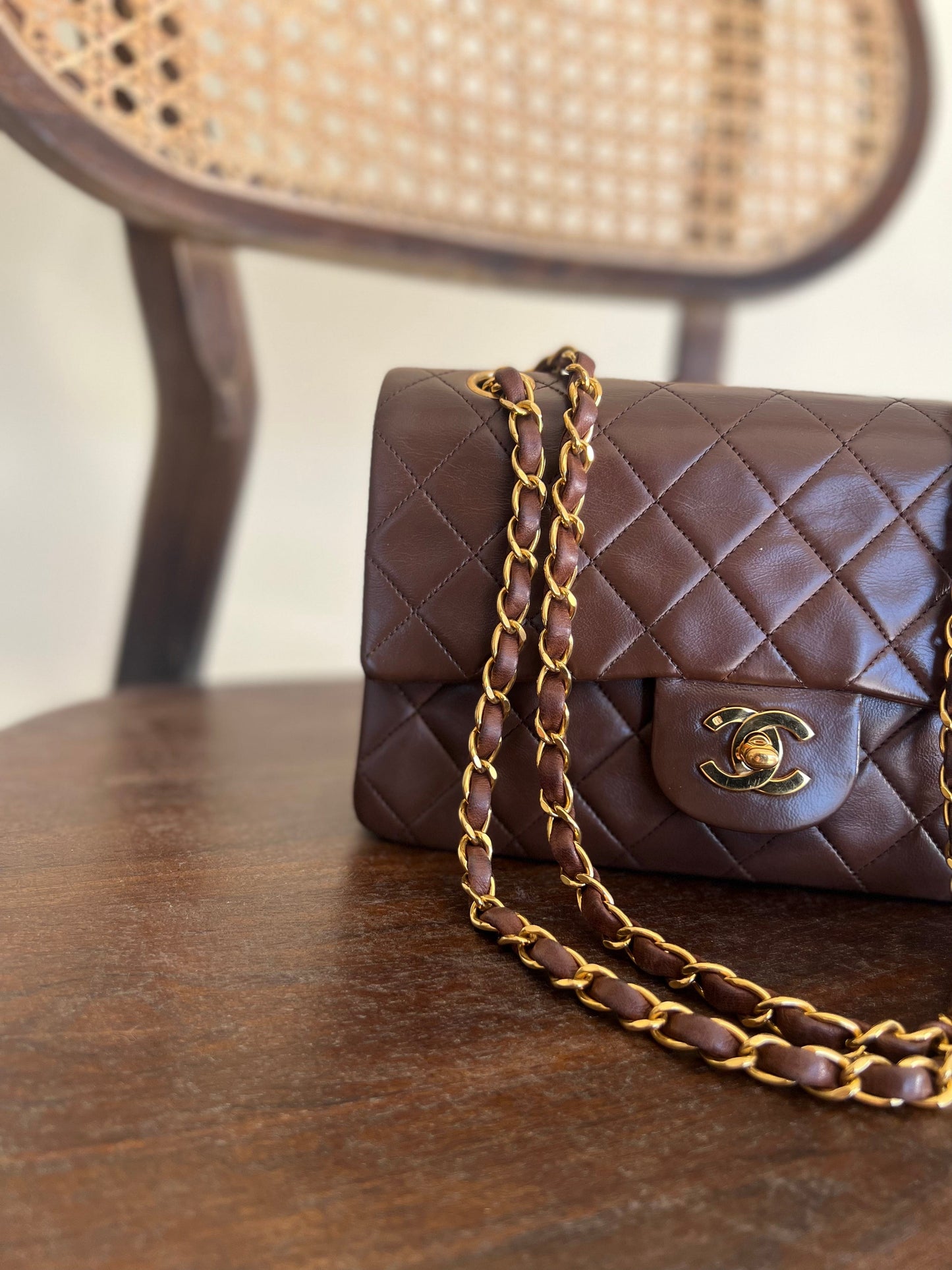 Vintage Brown Lambskin Quilted Classic Flap Small Gold Hardware