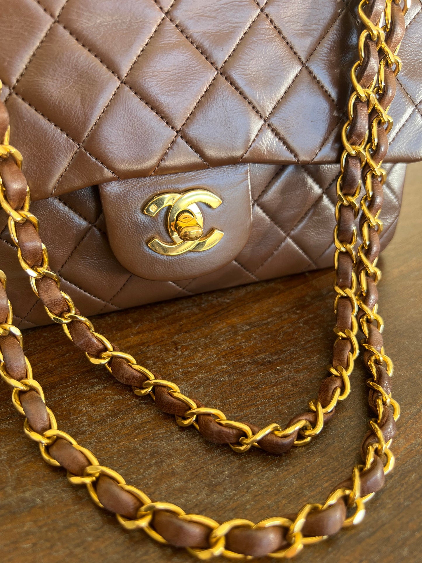 Vintage Brown Lambskin Quilted Classic Flap Small Gold Hardware