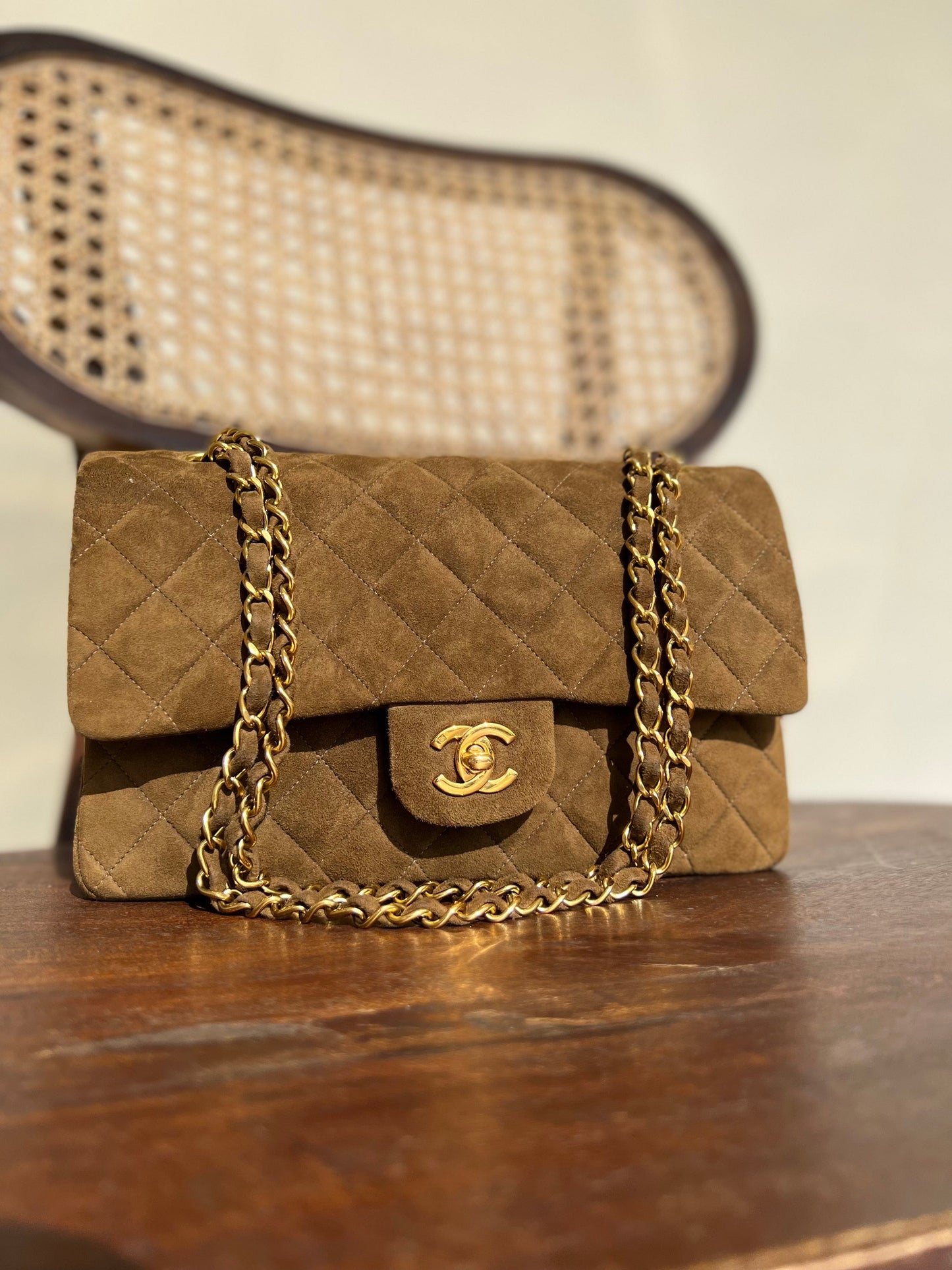 Vintage Brown Suede Quilted Classic Double Flap GHW