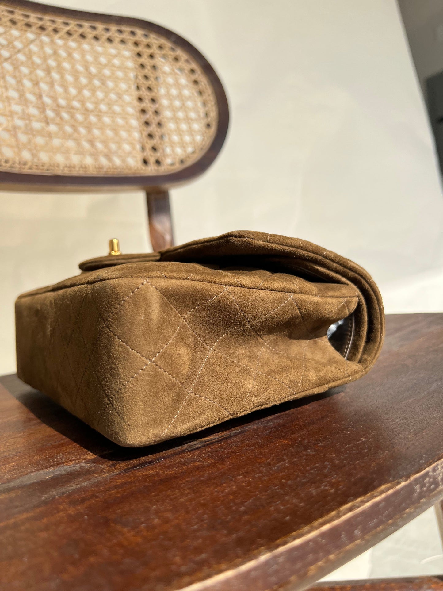 Vintage Brown Suede Quilted Classic Double Flap GHW