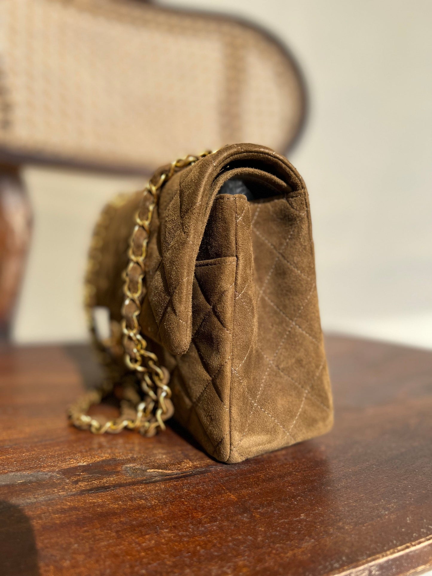 Vintage Brown Suede Quilted Classic Double Flap GHW