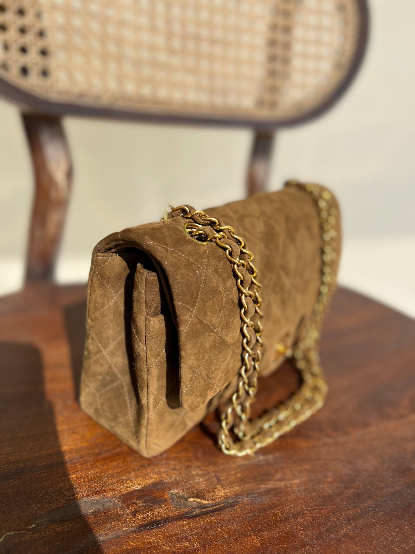 Vintage Brown Suede Quilted Classic Double Flap GHW