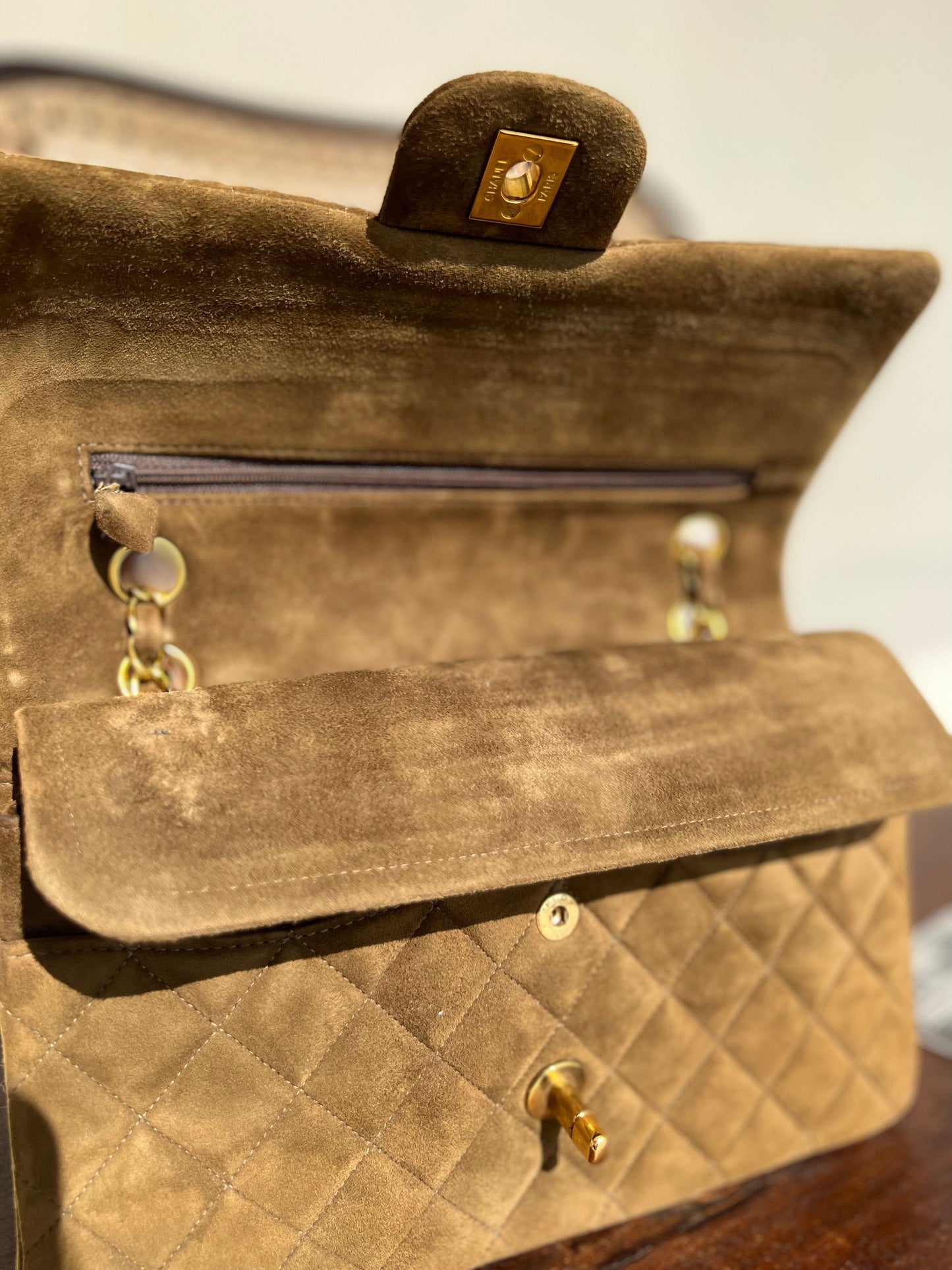 Vintage Brown Suede Quilted Classic Double Flap GHW