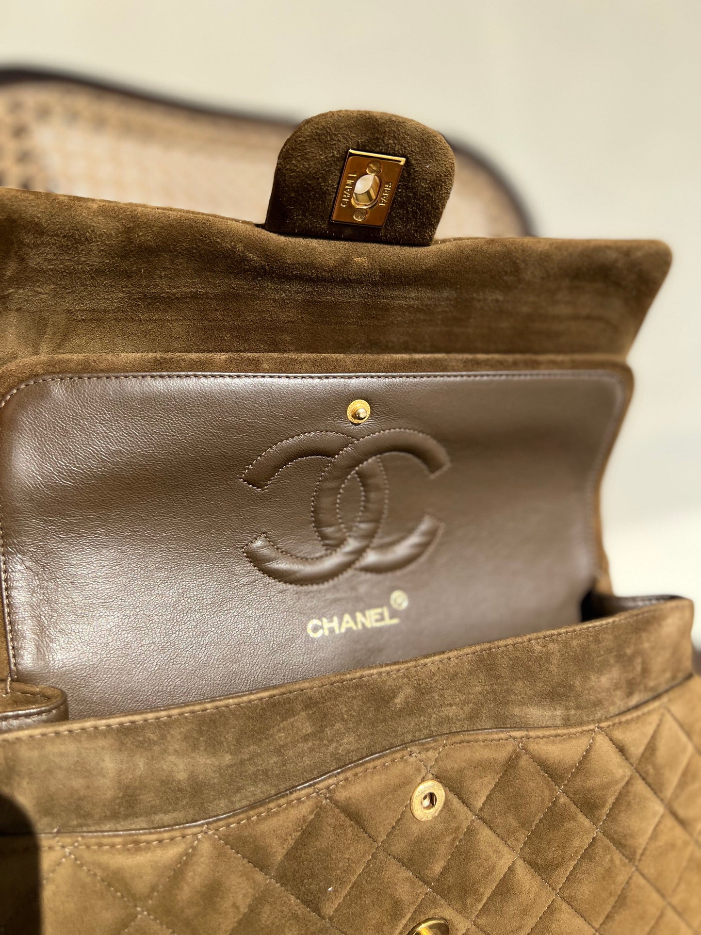 Vintage Brown Suede Quilted Classic Double Flap GHW