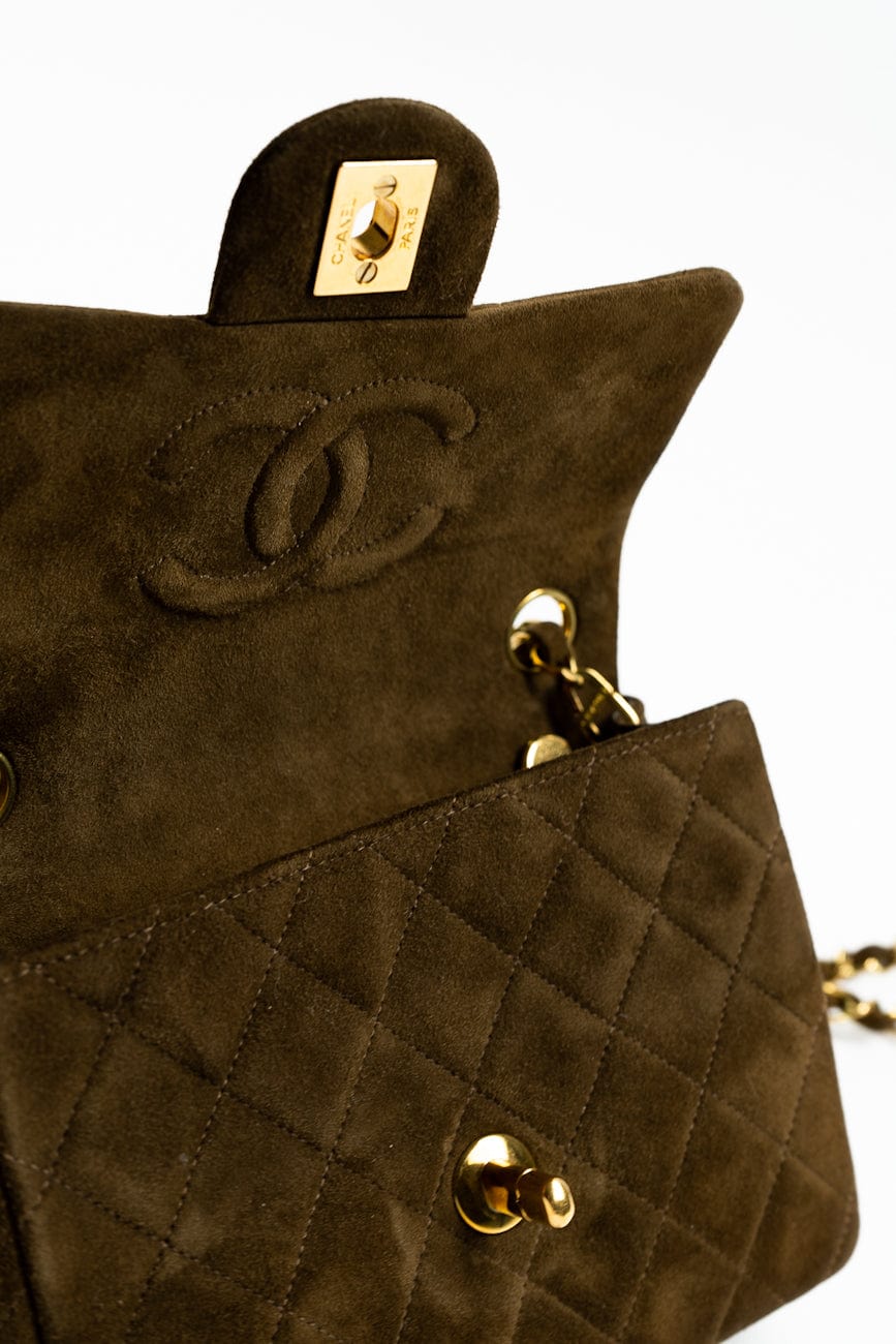 Vintage Brown Suede Quilted Mini Square Flap GHW