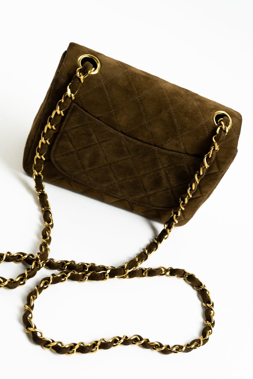 Vintage Brown Suede Quilted Mini Square Flap GHW