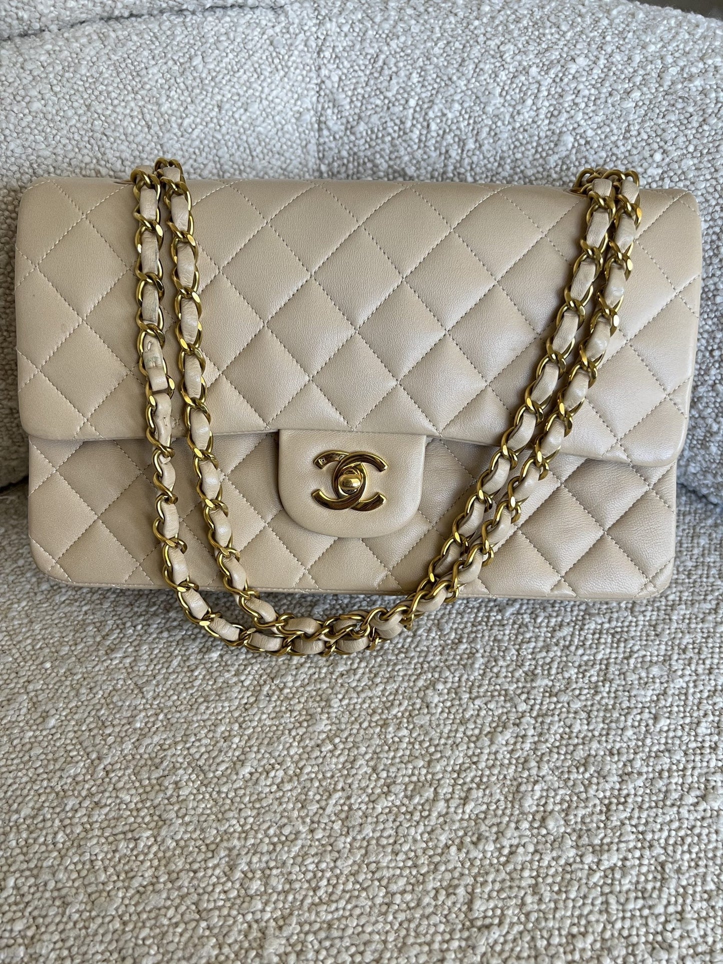 Vintage Light Beige Lambskin Quilted Classic Flap Medium GHW
