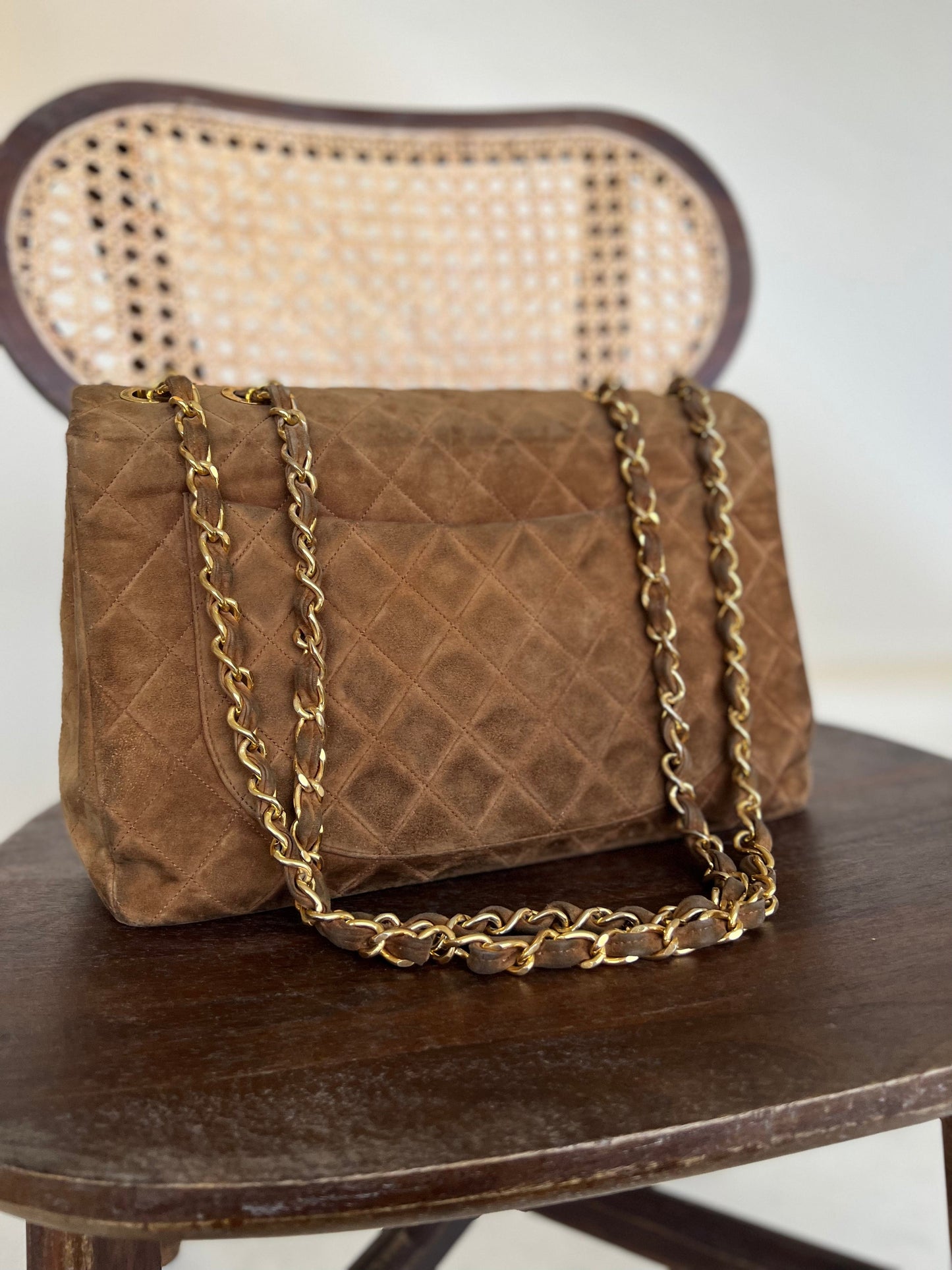 Vintage Tan/Brown Suede Quilted Jumbo XL Single Flap 24k GHW