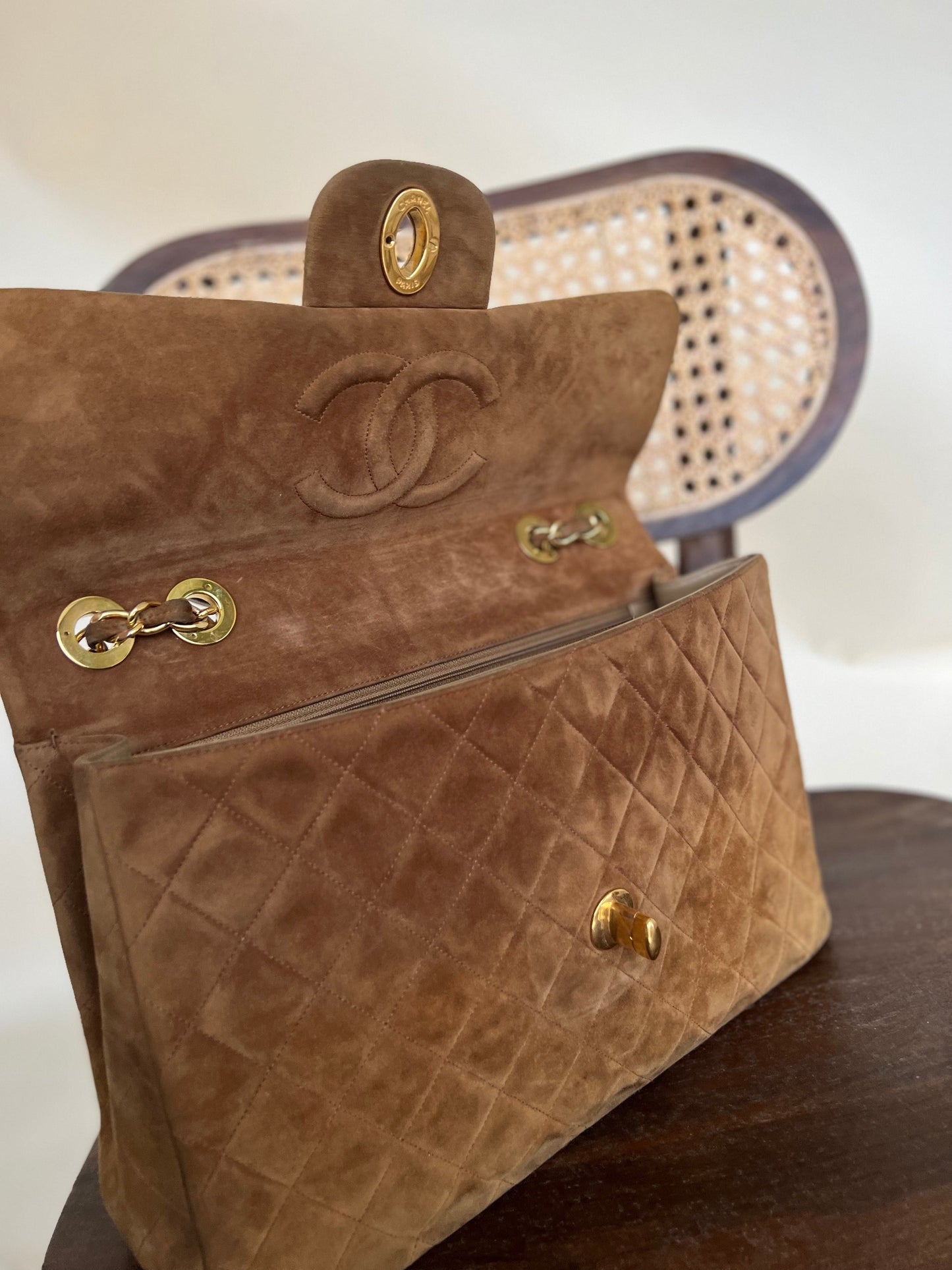 Vintage Tan/Brown Suede Quilted Jumbo XL Single Flap 24k GHW