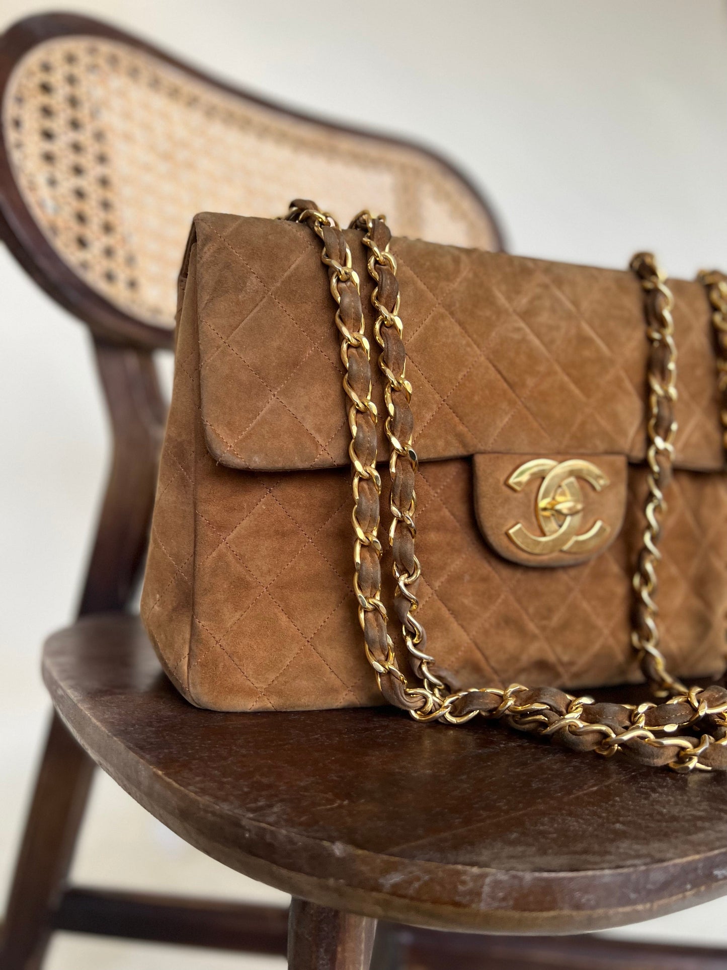 Vintage Tan/Brown Suede Quilted Jumbo XL Single Flap 24k GHW