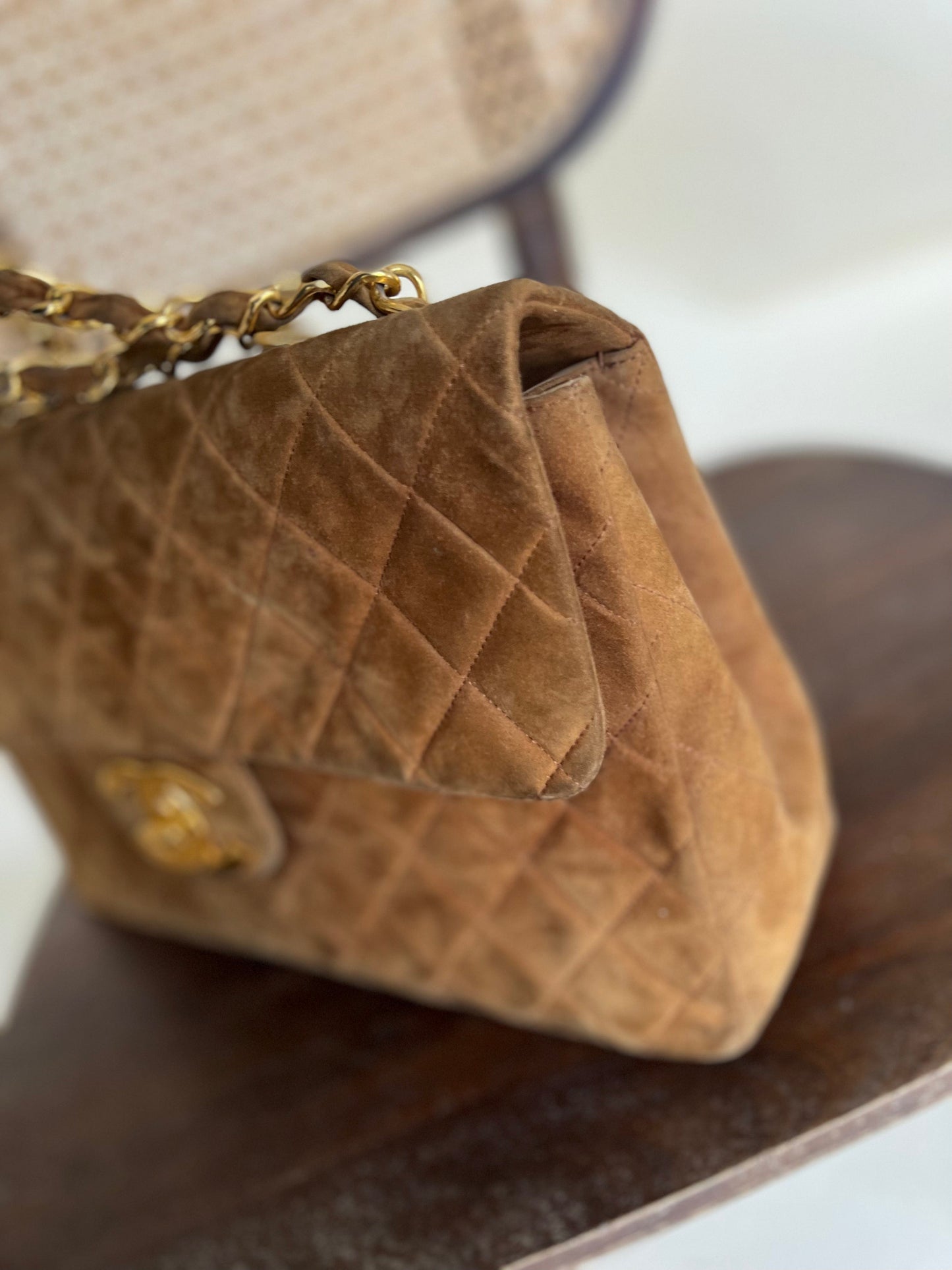 Vintage Tan/Brown Suede Quilted Jumbo XL Single Flap 24k GHW