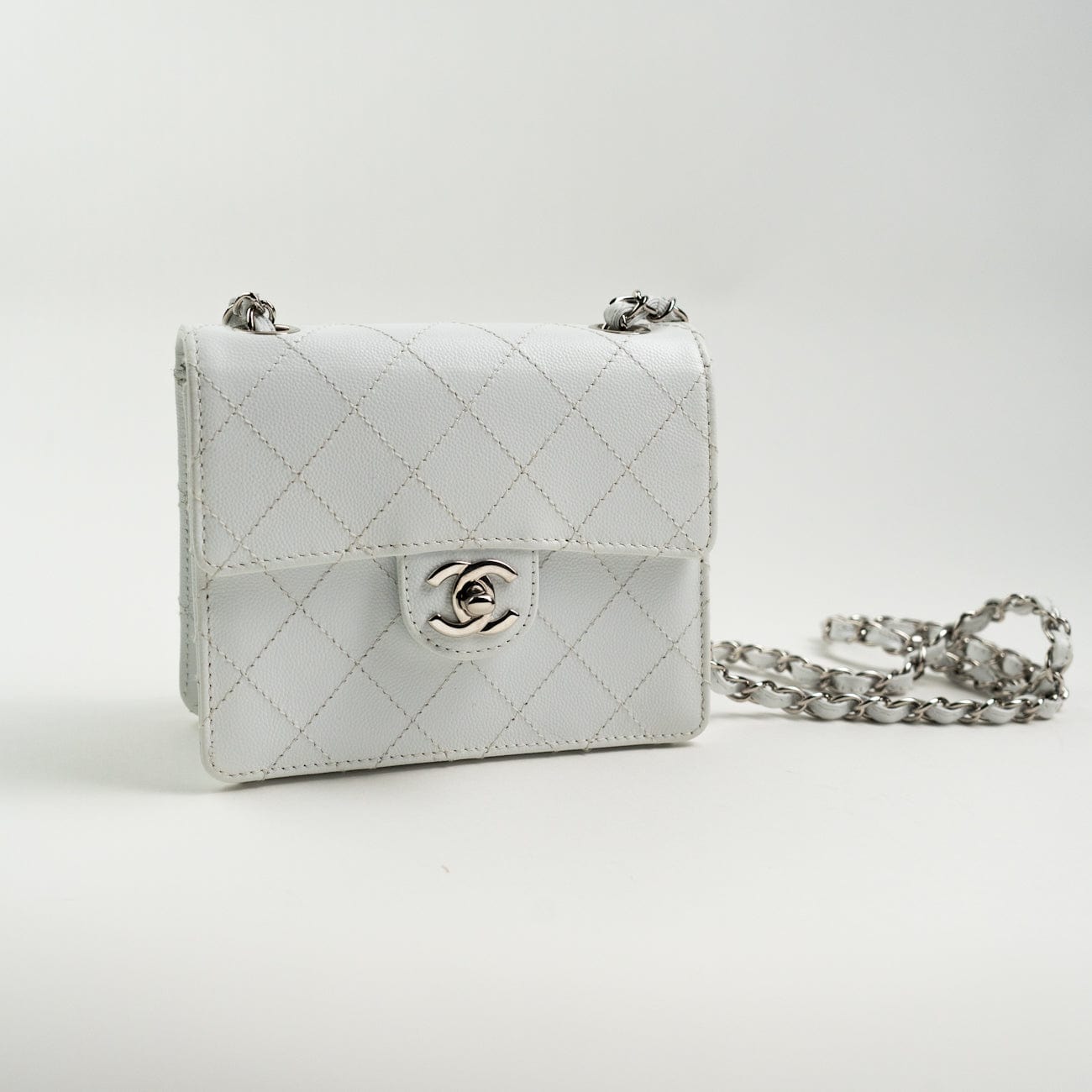 Vintage White Mini Square Caviar Quilted Silver Hardware