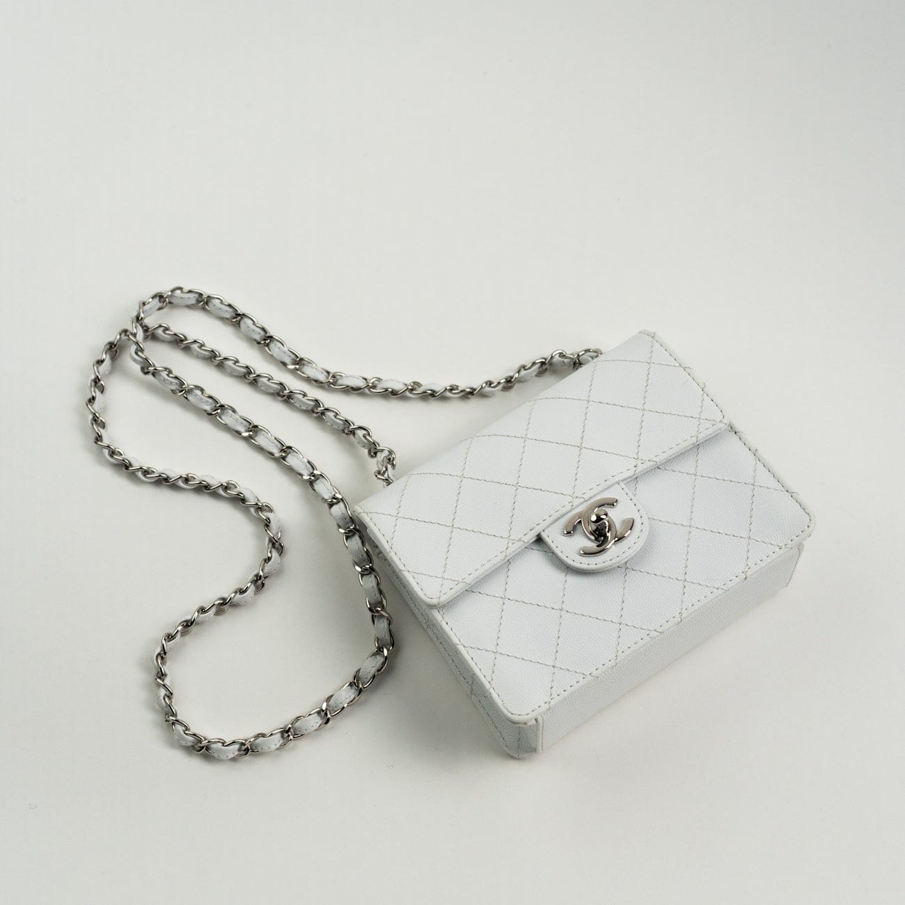 Vintage White Mini Square Caviar Quilted Silver Hardware