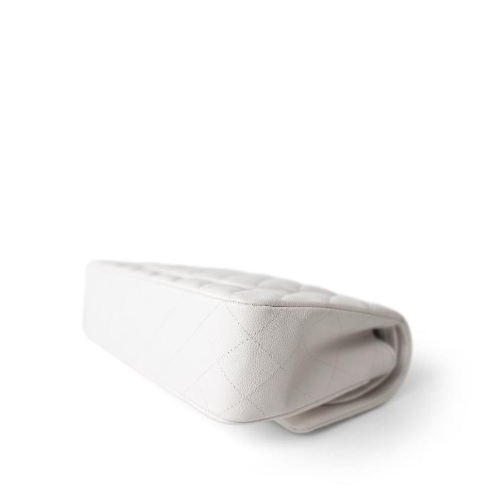 20S White Caviar Quilted Classic Flap Medium Light Gold Hardware