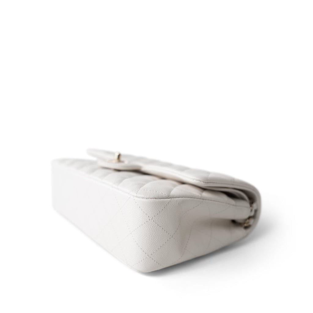 20S White Caviar Quilted Classic Flap Medium Light Gold Hardware
