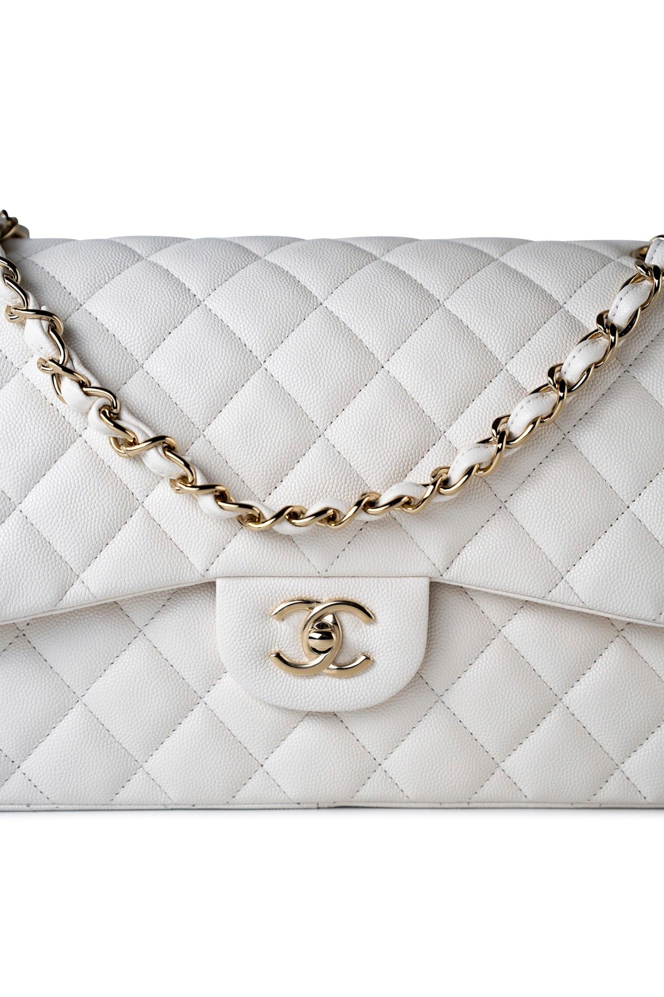 21S Jumbo White Caviar Quilted Classic Flap Light Gold Hardware