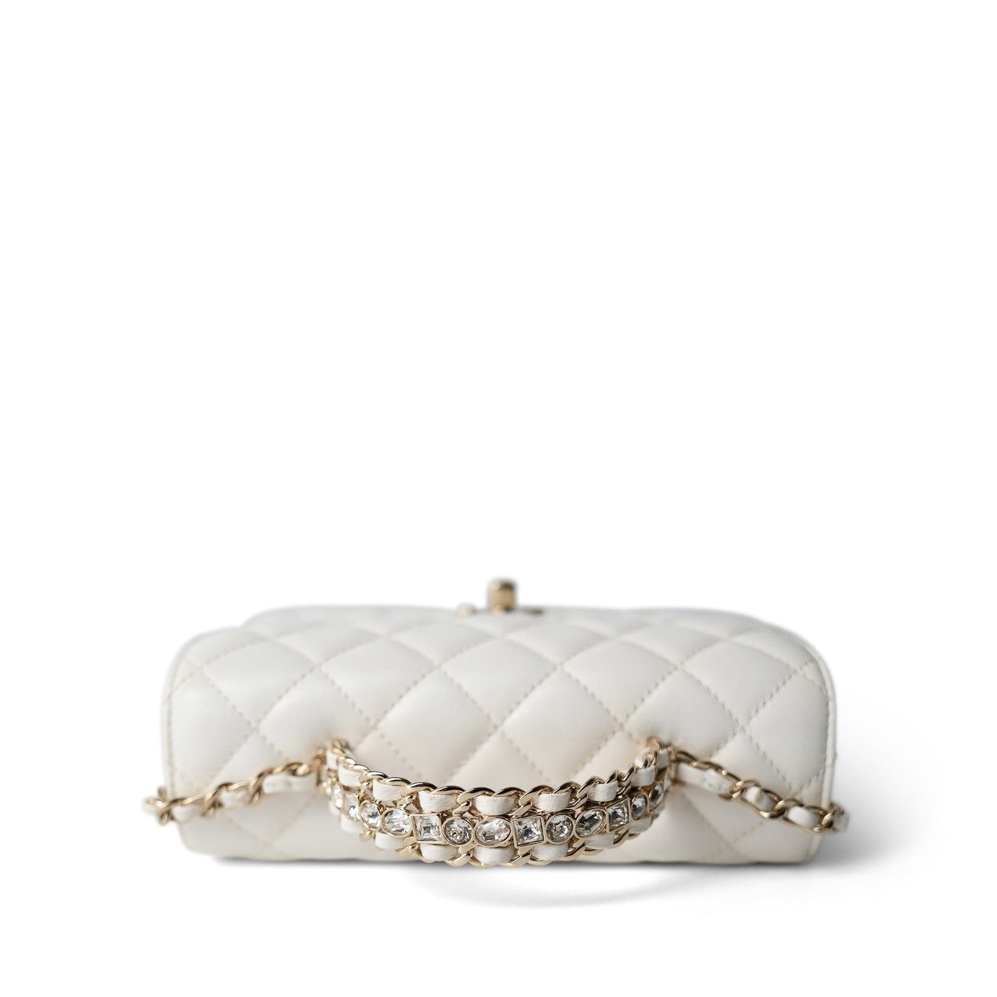 White Lambskin Quilted Crystal Top Handle Flap Light Gold Hardware