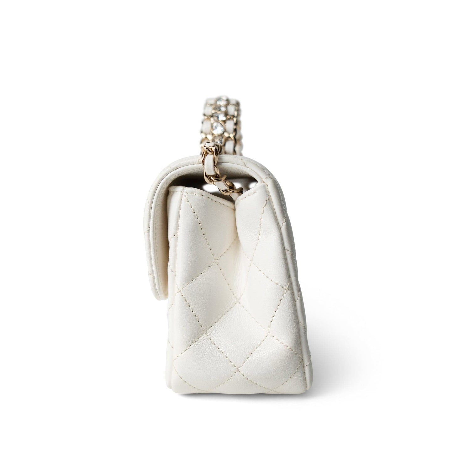 White Lambskin Quilted Crystal Top Handle Flap Light Gold Hardware