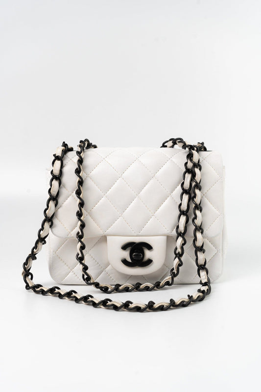 White Lambskin Quilted Mini Square Single Flap