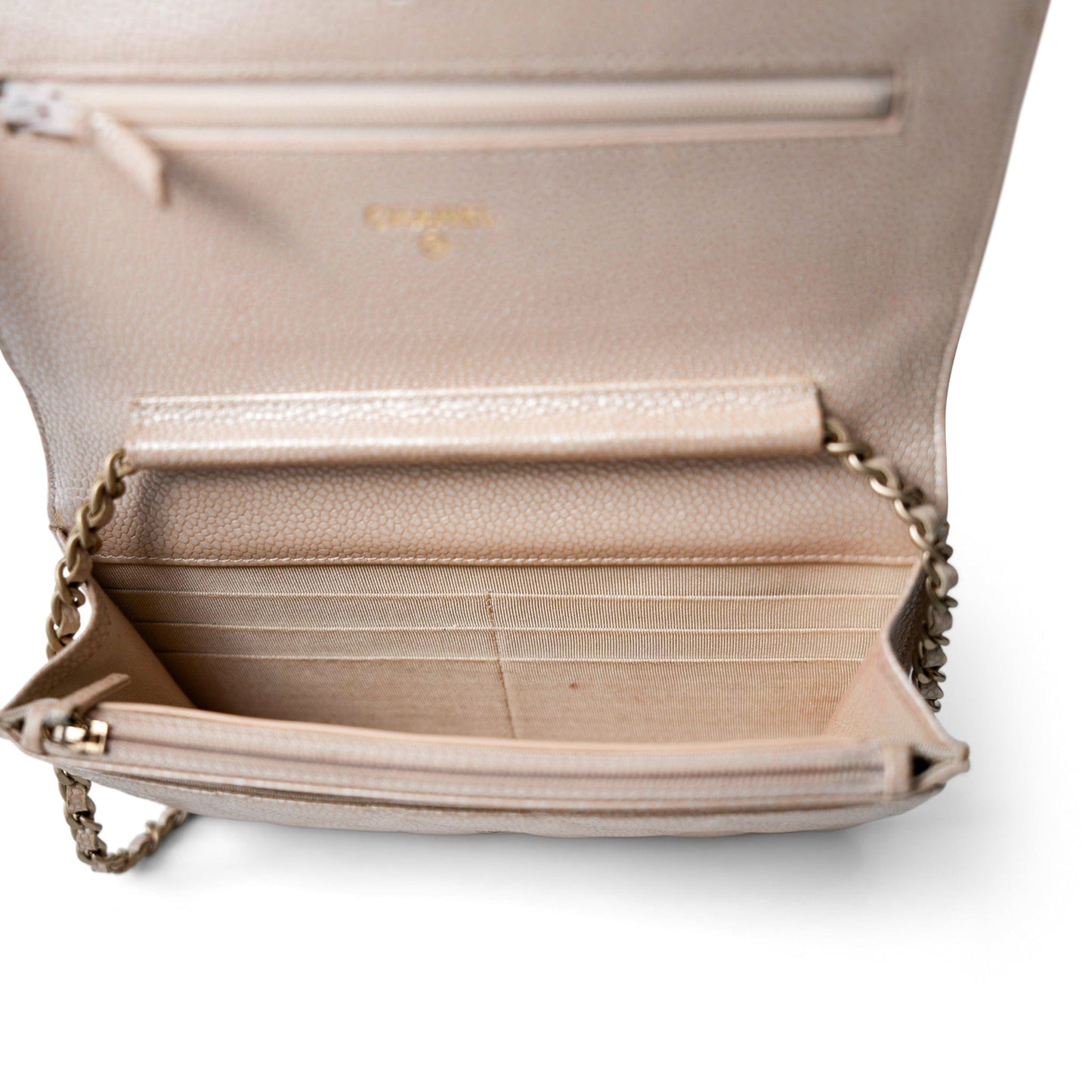 12P Pearly Beige Caviar Quilted Wallet on Chain WOC