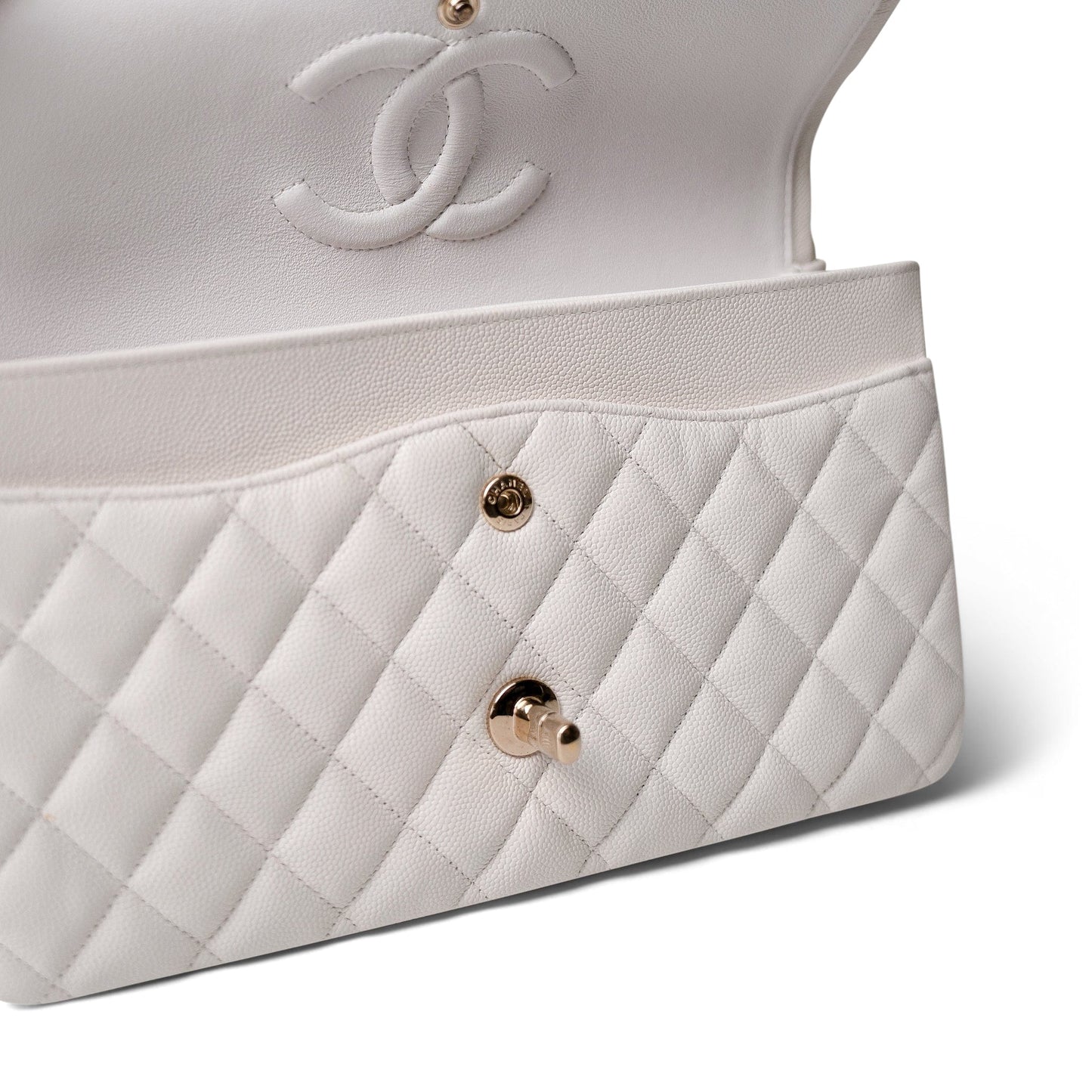 White Caviar Quilted Medium Classic Flap Light Gold Hardware